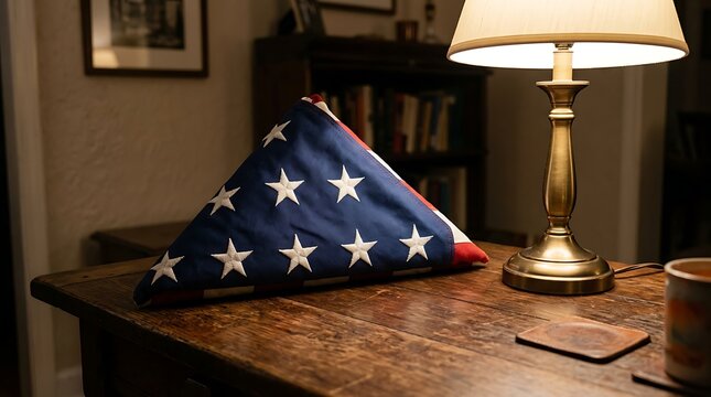 A folded american flag resting on a wooden table beside a warm glowing table lamp