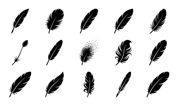 Feather-themed vector icons with quill, down feather and flight feather for UI elements design in silhouette style