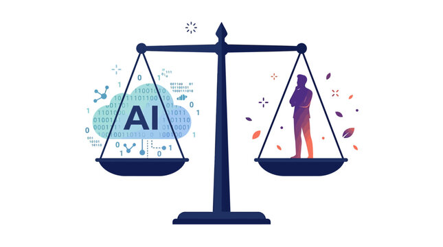 Balance scale comparing artificial intelligence cloud technology and a human silhouette representing ethics and workforce value