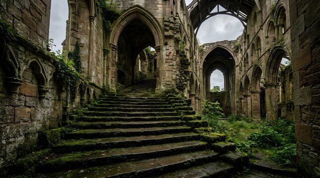 Ancient stone staircase inside a ruined gothic abbey with mossy arches