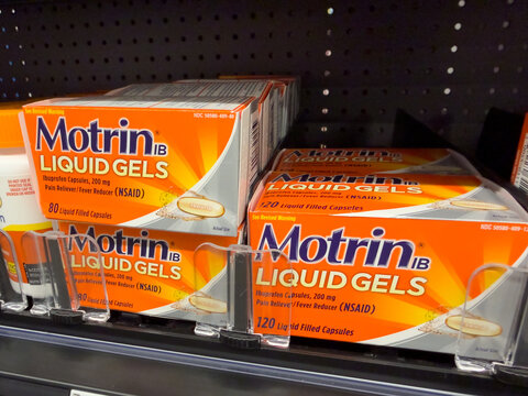 Frisco, Texas, USA - August 31th, 2026: Motrin IB liquid gels ibuprofen capsules on Walmart pharmacy shelf