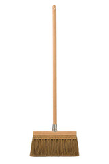 Traditional wooden broom with natural bristles and a long handle stands upright on a clean white background © Chinases