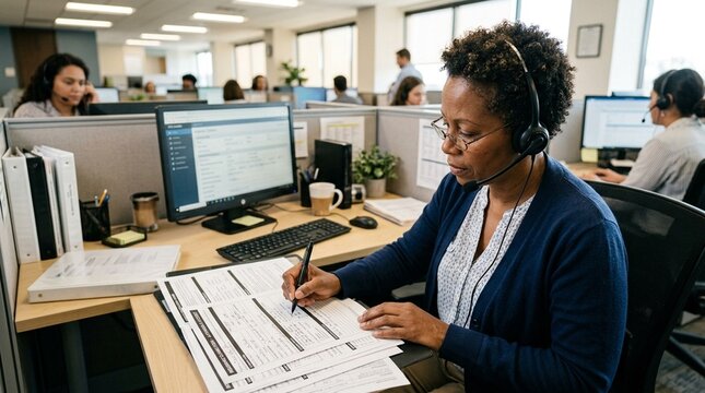 Call center agent taking notes on a printed claims form