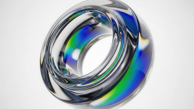 A clear glass-like toroidal object with vibrant iridescent reflections of blue and green on a white background.