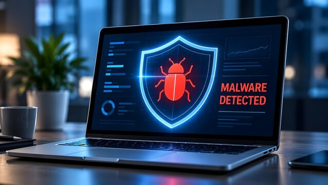 Cybersecurity malware threat detection alert flashing red warning sign and bug icons on dark office laptop screen