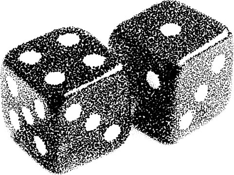 Halftone stipple dotted retro grunge transparent dice design in trendy monochrome with pixelated style