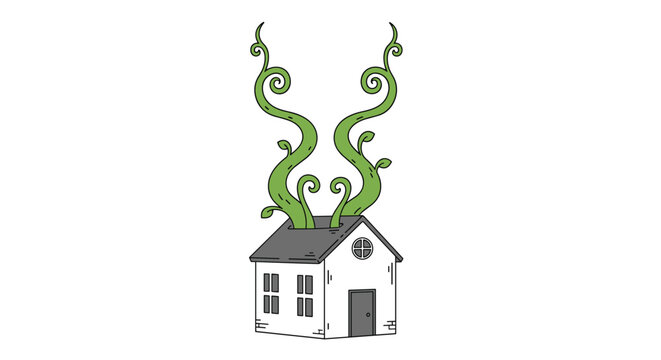 Enchanted cottage with two giant beanstalk vines growing from the roof reaching high into the white background.