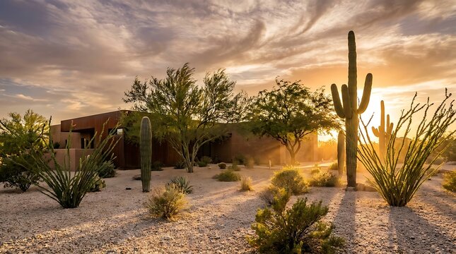Beautiful desert home with tall saguaro cactus plants during a colorful orange and purple sunset sky view. arizona front yard