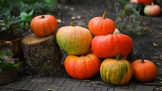 Assorted orange and green pumpkins displayed outdoors in a rustic garden setting. Seasonal autumn harvest scene for food, farming and fall celebration content.
