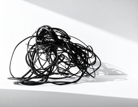 Tangle of random black cords | twisted wire lines | messy cables | minimalist clutter concept | abstract technology details on white background
