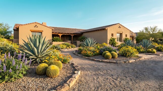 Beautiful desert home with a scenic front yard filled with green agave plants and cacti in the sunshine. arizona front yard