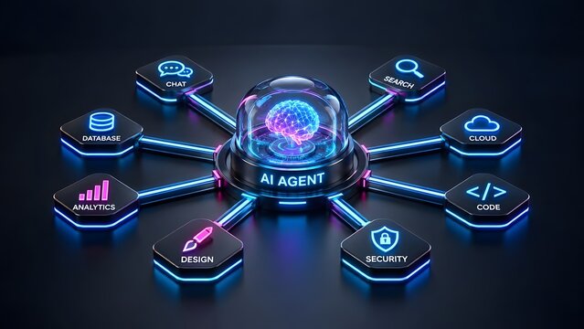Centralized neural network data processing hub representing intelligent analytics and enterprise infrastructure