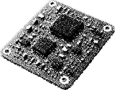 Halftone stippled circuit board design in retro grunge style with dotted transparent effects