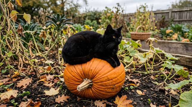 Black cat resting on a large orange pumpkin in an autumn garden. Feline sitting on a squash among withered vines and fallen leaves. Seasonal fall harvest and backyard farming