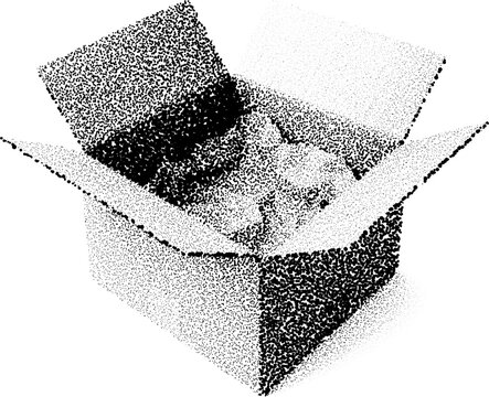Open box halftone stipple design with dotted grunge retro transparent aesthetic in black and white