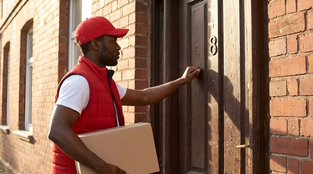 Professional courier in red uniform knocking on a residential door holding cardboard parcel.