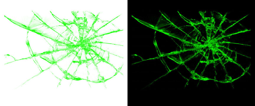 Neon green broken glass effect, shattered screen texture with radial cracks, glowing digital glitch overlay for tech and gaming designs