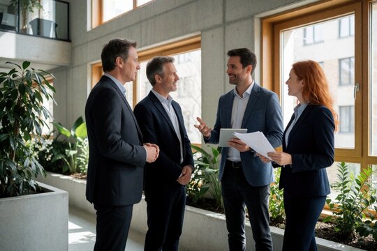 Four business colleagues in a modern office hallway, discussing papers and using a tablet. They stand near large windows and indoor plants, dressed in suits.