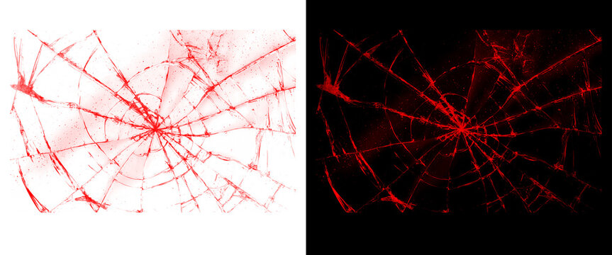 Shattered glass texture with red cracks, broken window effect on white and black backgrounds, realistic glass shards and splintered surface