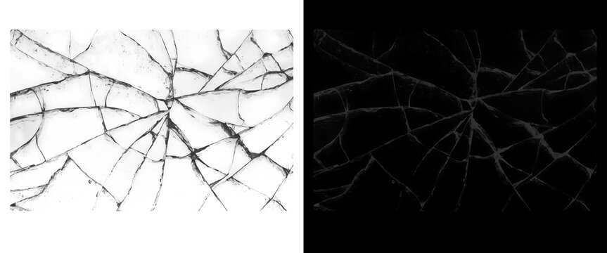 Broken glass texture overlay, shattered window screen effect on black and white background, cracked mirror surface pattern for photo editing