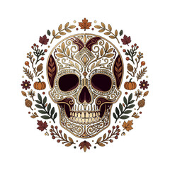 Fototapeta premium Ornate Autumn Sugar Skull Illustration with Seasonal Fall Foliage and Pumpkins Wreath for Festive Day of the Dead Celebration