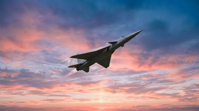Military fighter jet flying in a beautiful sunset sky illustration