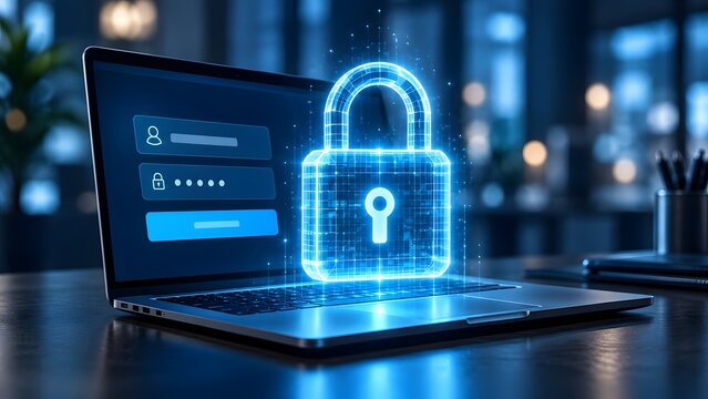 Laptop endpoint security lock hologram representing corporate device password protection and encrypted hard drive access