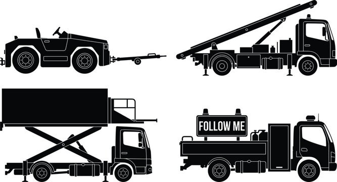 Airport ground support equipment black silhouette vector icon set featuring baggage tug, catering high-lift truck, passenger stairs vehicle, and a follow-me car isolated on white.