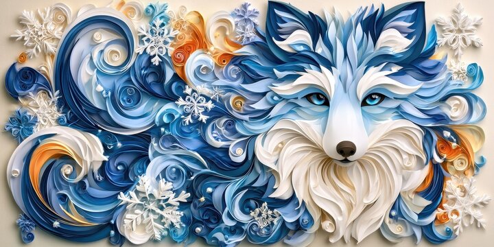Animal Portrait Paper Quilling Concept. Artistic illustration of a wolf surrounded by swirling blue and white patterns