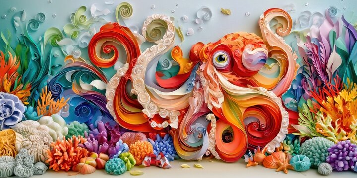 Animal Portrait Paper Quilling Concept. Colorful artistic illustration of an octopus blending with a vibrant coral reef.