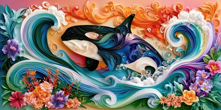 Animal Portrait Paper Quilling Concept. Intricate artistic design featuring two orcas swimming among swirling waves and flowers.