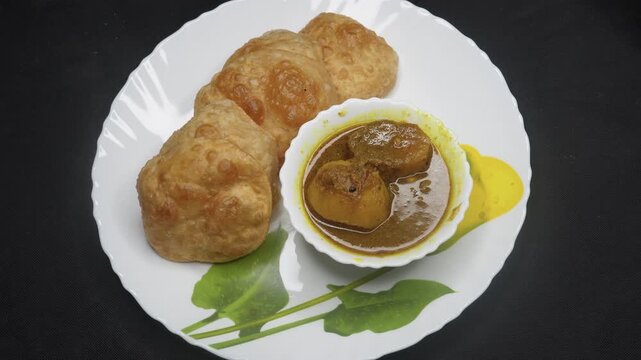 Woman hand reaches for a fresh, golden puri or poori or Luchi on a white plate, showcasing this popular Indian famous breakfast food. Woman serving warm food.