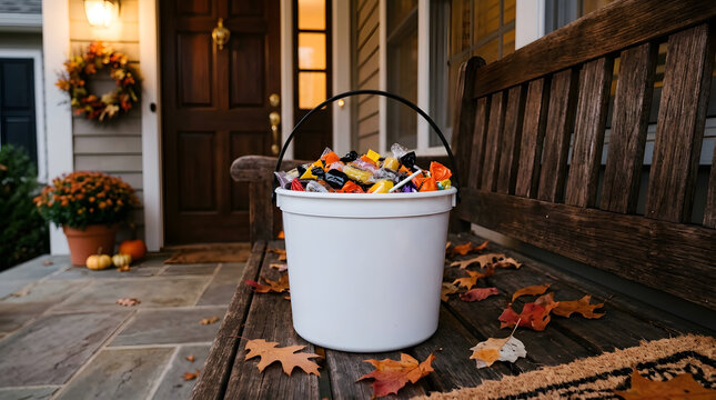 White bucket full of wrapped candy on wooden porch bench. Halloween trick or treat container with autumn leaves and house entrance in background