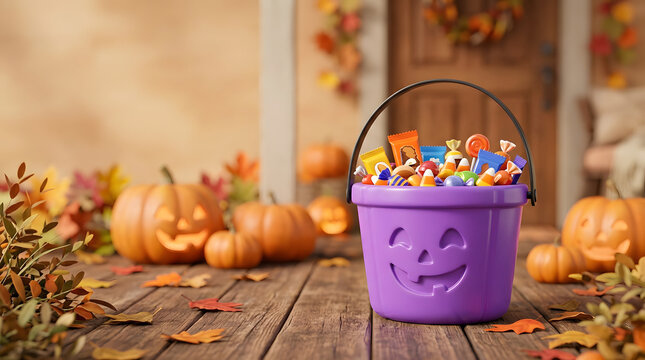 Purple plastic trick or treat bucket filled with wrapped candy on wooden porch. Halloween celebration with glowing pumpkins and autumn leaves in background
