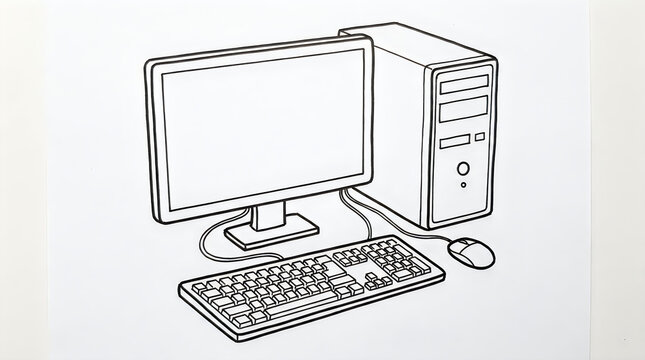 Black and white line drawing of a desktop computer set illustration