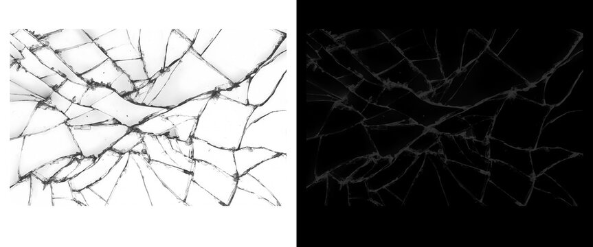 Broken glass texture overlay set, shattered window shards on black and white background, cracked screen effect for photo editing and design