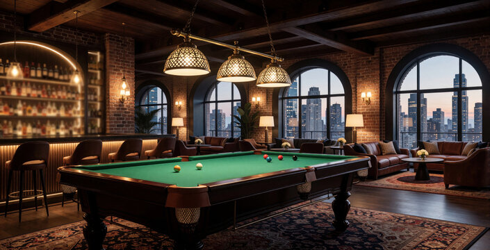 Upscale billiard room with pool table bar and city view. Plush seating areas and warm lighting create luxury ambiance. Brick walls and wood beams add rustic charm.
