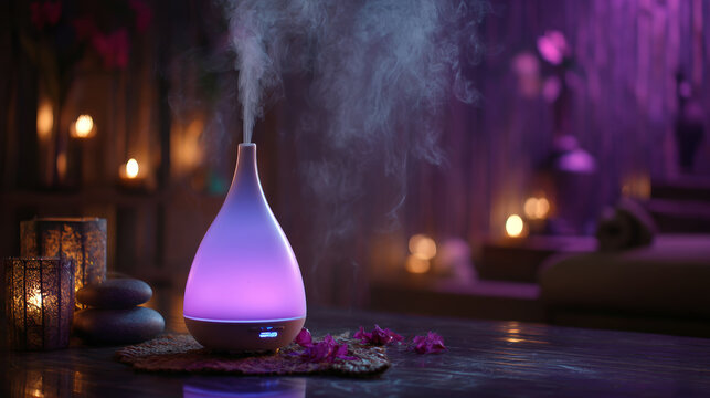 Elegant essential oil diffuser with misty vapor in luxury spa setting, soft purple lighting, zen vibe