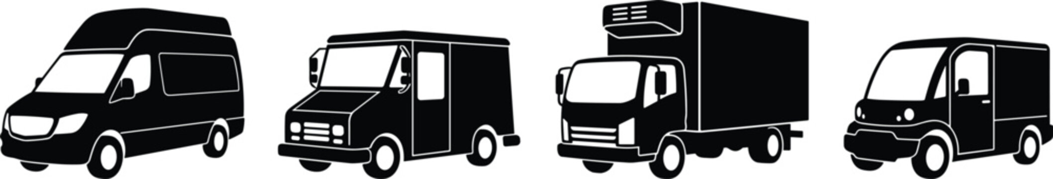 Commercial delivery vans and cargo trucks black silhouette vector icon set featuring high-roof panel van, step van, medium-duty box truck, and a compact electric mail vehicle isolated on white.