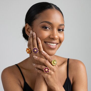 Smiling woman showcasing colorful gemstone flower rings on fingers near face