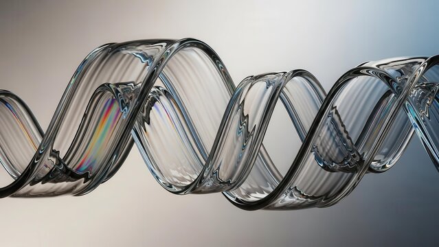 A clear glass double helix structure resembling DNA, with reflections and refractions, against a soft gradient background.