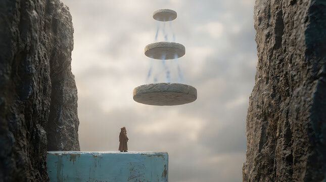 Person standing on cliff watching flying saucers in sky illustration