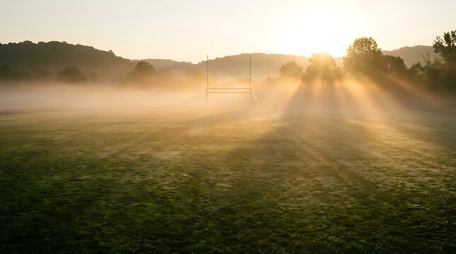 Rugby goal post on a misty field at sunrise