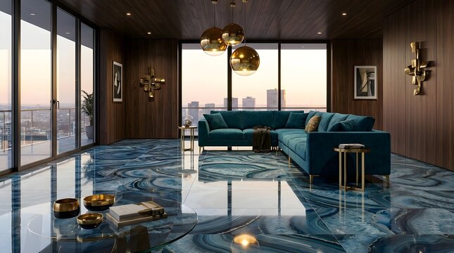 Luxurious modern living room interior featuring striking blue agate marble floor tiles, elegant teal velvet sectional sofa, gold globe pendant lights, and floor-to-ceiling windows with city view.