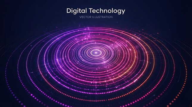 Abstract digital technology background with glowing concentric circles and particle data flow, futuristic neon light rings representing connectivity, data transmission, and cyber space visualization