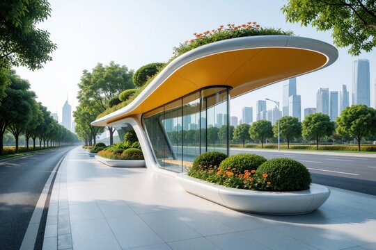 Modern futuristic bus stop with green plants, flowers on roof. Minimalist white architecture features glass walls, yellow ceiling. Urban city skyline background with skyscrapers. Sustainable eco