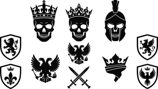 Medieval heraldry and gothic emblem black silhouette vector icon set featuring skulls with crowns, spartan helmet, double headed eagles, heraldic shields, and crossed swords isolated on white.