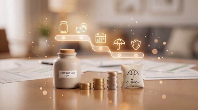 Emergency fund jar and coin stacks with financial protection icons on a wooden office table with representing savings security desk glowing financial stacks coins arranged preparedness