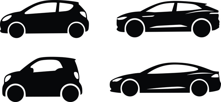 Modern electric and hybrid vehicles black silhouette vector icon set featuring a compact hatchback, sleek crossover SUV, micro city car, and aerodynamic sports sedan isolated on white.