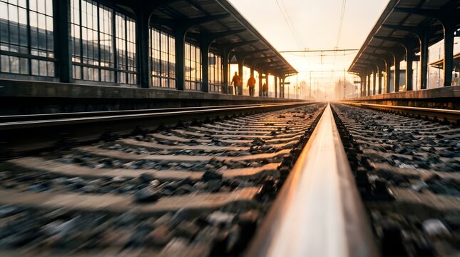 Dynamic low angle view of railway tracks leading into a sunny train station platform during sunrise